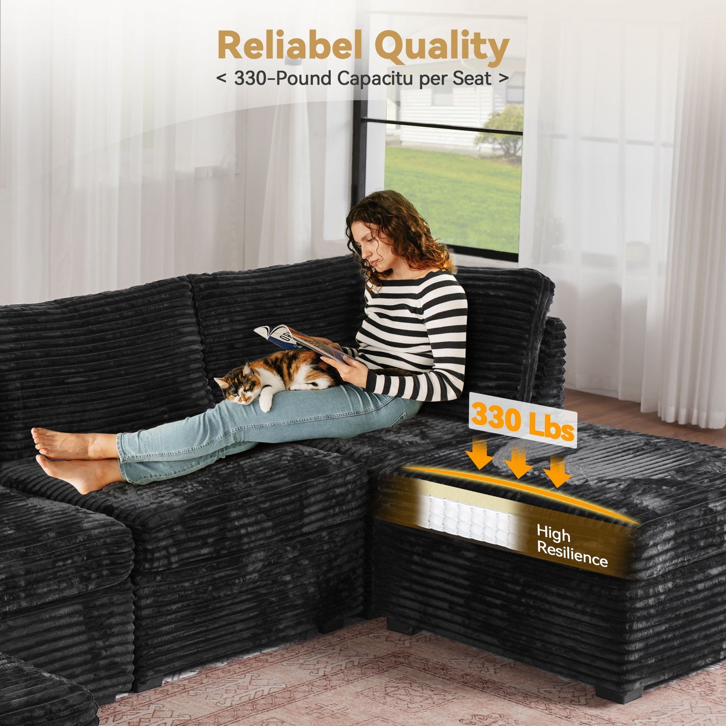 Vcatnet 130.7'' Modular Sectional Sofa Couch Corduroy L Shaped Oversized Modern Minimalist Couch with Deep Seat and Ottoman for Living Room, 4 Seat, Black