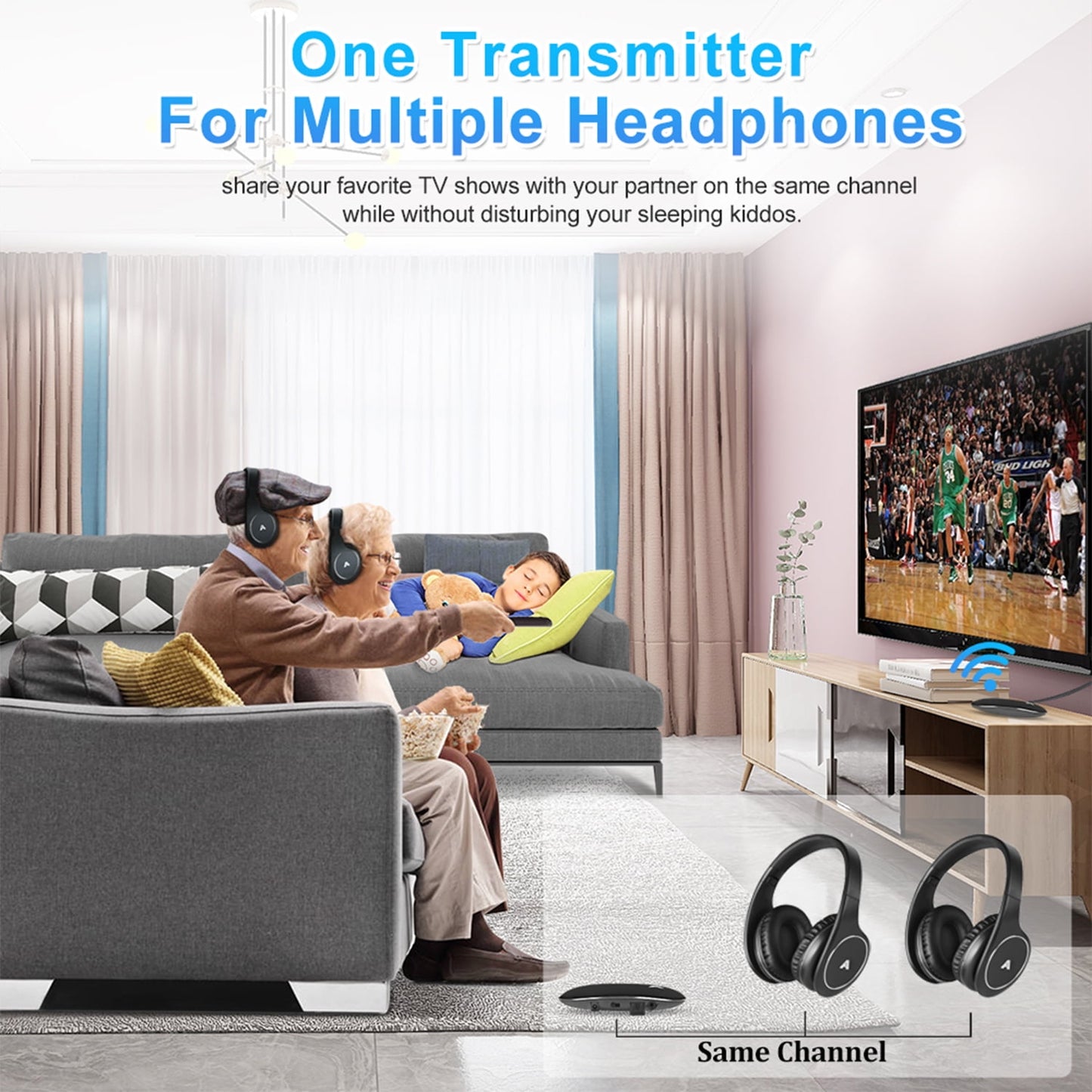 Wireless Headphones for TV Wired Over Ear Headphones Stereo Headset with 2.4GHz RF Transmitter Optical RCA AUX FM Radio 100ft Wireless Range Head Phones (Black)