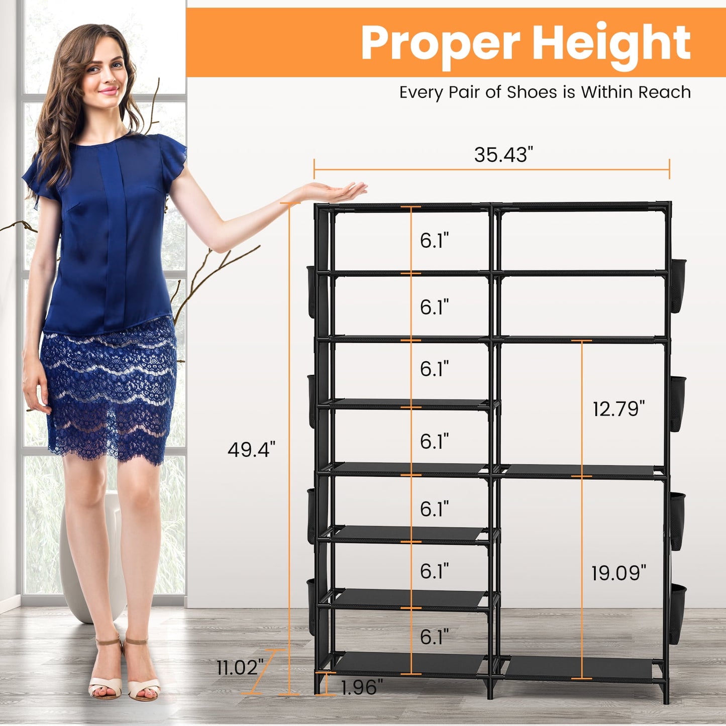 VAVSEA Shoe Rack, 8 Tier Large Shoe Organizer with 2 Side Pockets, Metal 22-26 Pairs Tall Shoe Storage Shelf, Shoe & Boots Cabinet for Closet Entryway Bedroom, Black