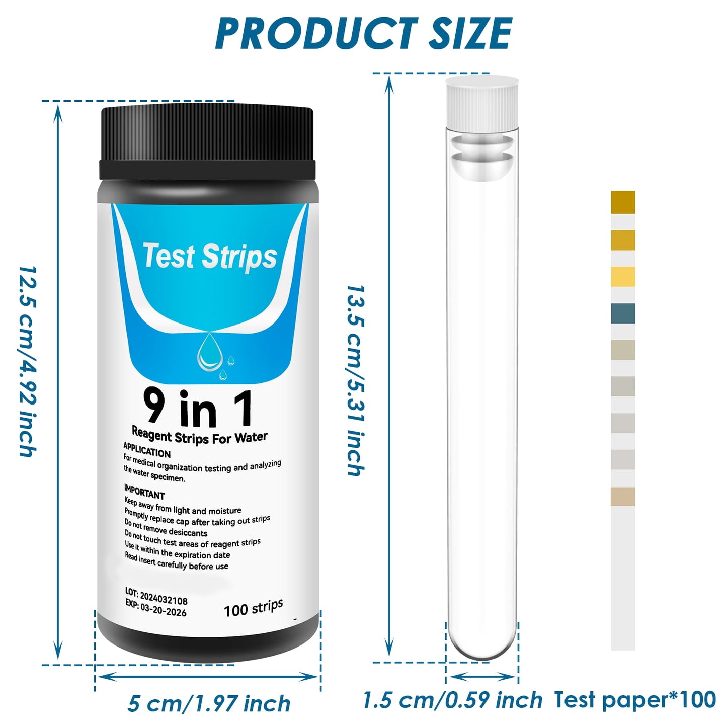 Hvxrjkn 100Pcs Aquarium Test Strips 9 in 1 Fish Tank Test Kit with Test Tube Fast Aquarium Water Testing Strips for Iron Copper Nitrate Nitrite Free Chlorine Hardness Carbonate pH