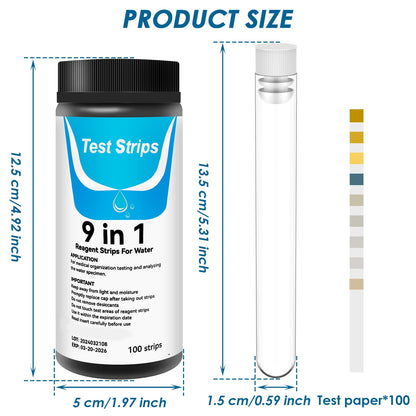 Hvxrjkn 100Pcs Aquarium Test Strips 9 in 1 Fish Tank Test Kit with Test Tube Fast Aquarium Water Testing Strips for Iron Copper Nitrate Nitrite Free Chlorine Hardness Carbonate pH