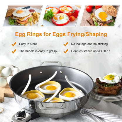Ihvewuo 4PCS 4 Inch Silicone Fried Egg Rings Set with 5 Inch Handle Heat Resistant Egg Cooking Ring Round Non-Stick Pancake Mold Kitchen Breakfast Gadget for Making Sandwich Hamburger Cake Pizza