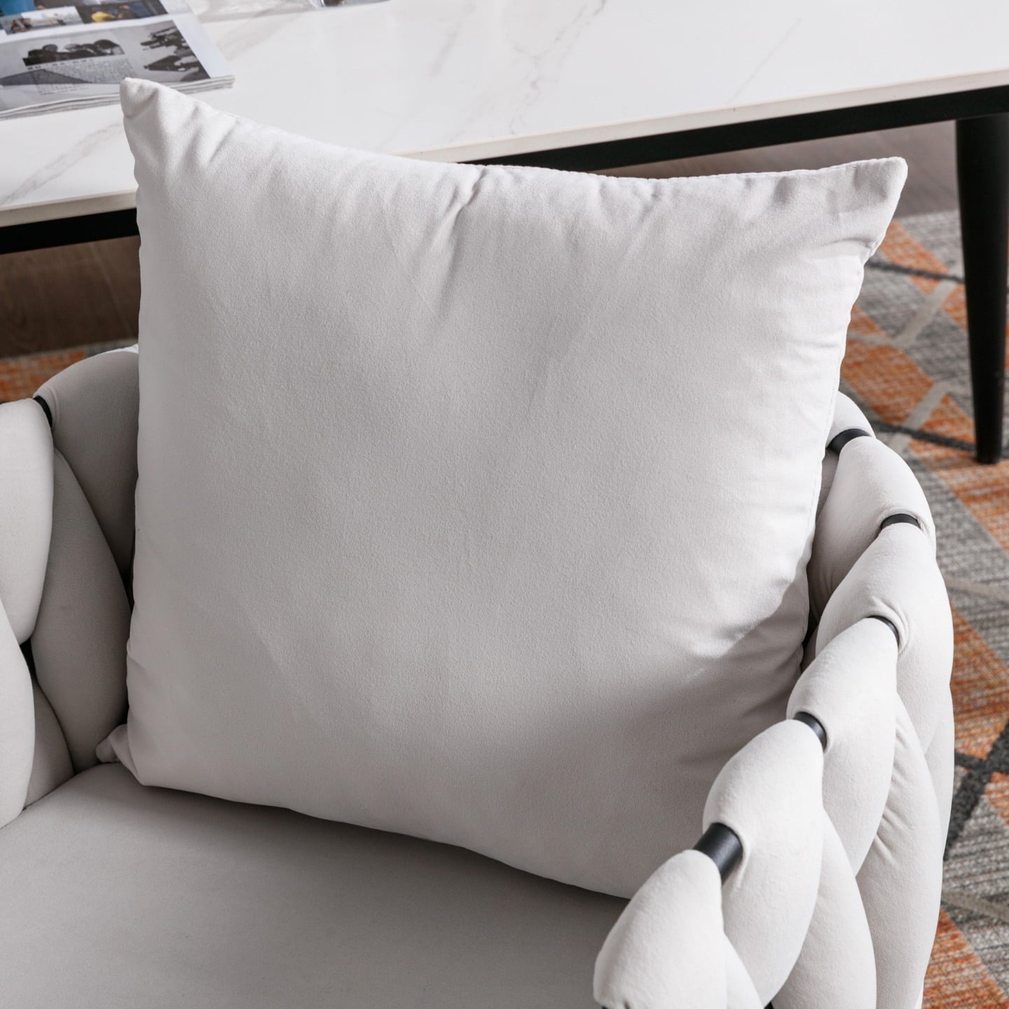 Velvet Dining Chairs Set of 2, Modern Hand Weaving Dining Room Kitchen Chair with Armrest and Back, Upholstered Comfy Living Room Accent Side Chairs for Bedroom, Vanity, Small Space, Ivory