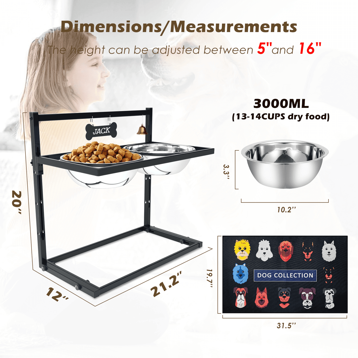 𝐗-𝐋𝐚𝐫𝐠𝐞 Elevated Dog Bowls for Extra Large Dogs with Mat,Raised Dog Bowl Stand for Large Breed Adjusable Height Dog Feeder with Two 3L(𝟏𝟑𝐂𝐔𝐏𝐒) Stainless Steel Dog Food Bowls