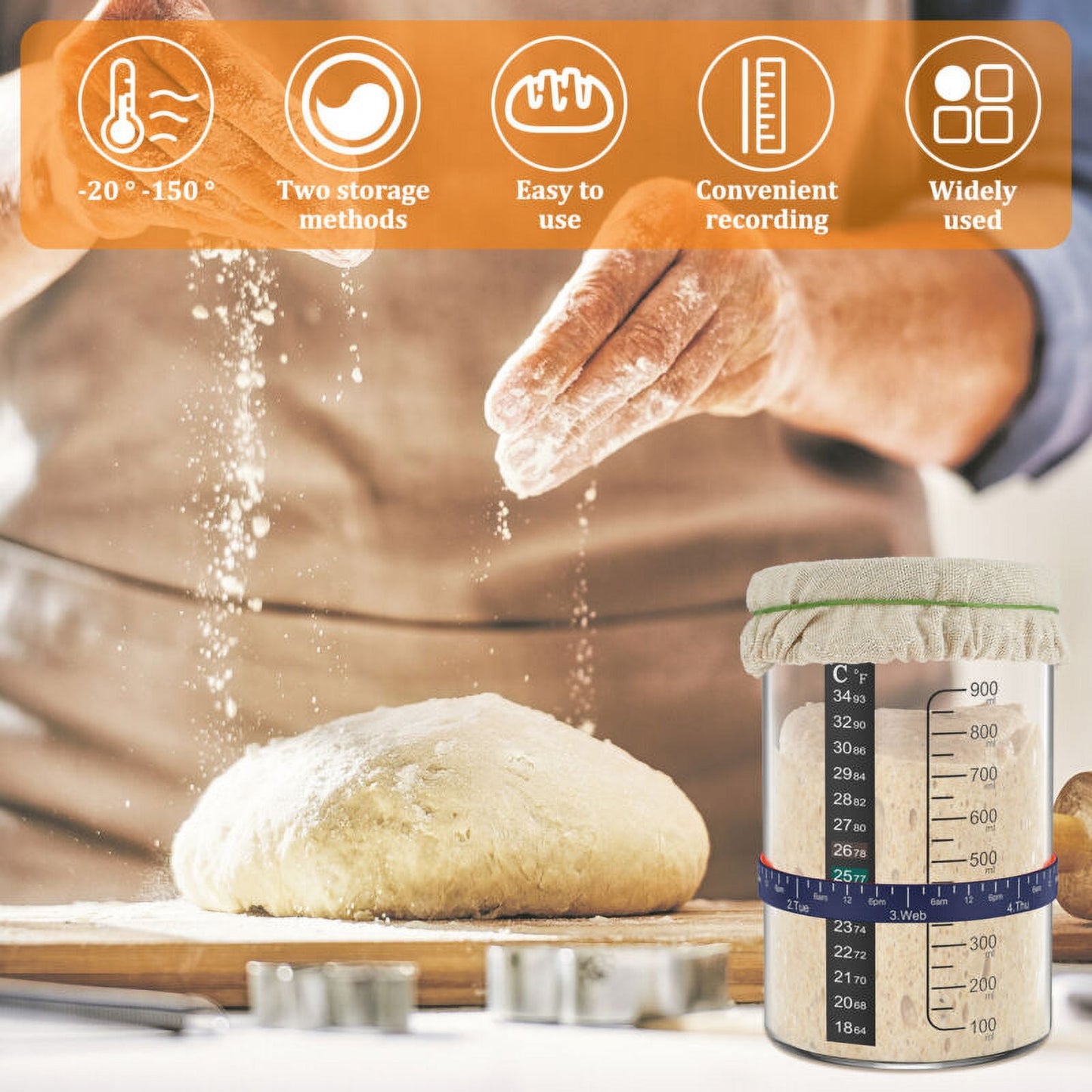 Qenwkxz 5pcs Sourdough Starter Jar Kit with Scale 900ml Large Capacity Sourdough Starter Container with Stainless Steel Lid Spatula Feeding Band Reusable Glass Sourdough Fermentation Jar for Baking