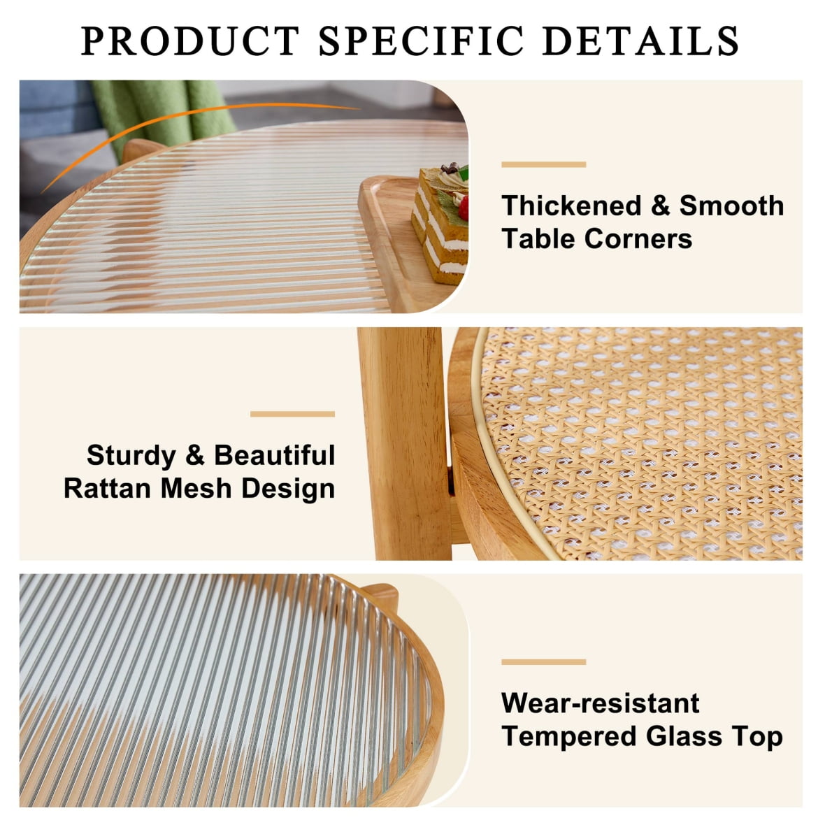 Modern Rattan Coffee Table, Double-Layer Round Coffee Table with Solid Wood Legs, Glass Top Coffee Table for Living Room Lounge Bedroom, Natural Wood