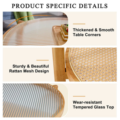 Modern Rattan Coffee Table, Double-Layer Round Coffee Table with Solid Wood Legs, Glass Top Coffee Table for Living Room Lounge Bedroom, Natural Wood