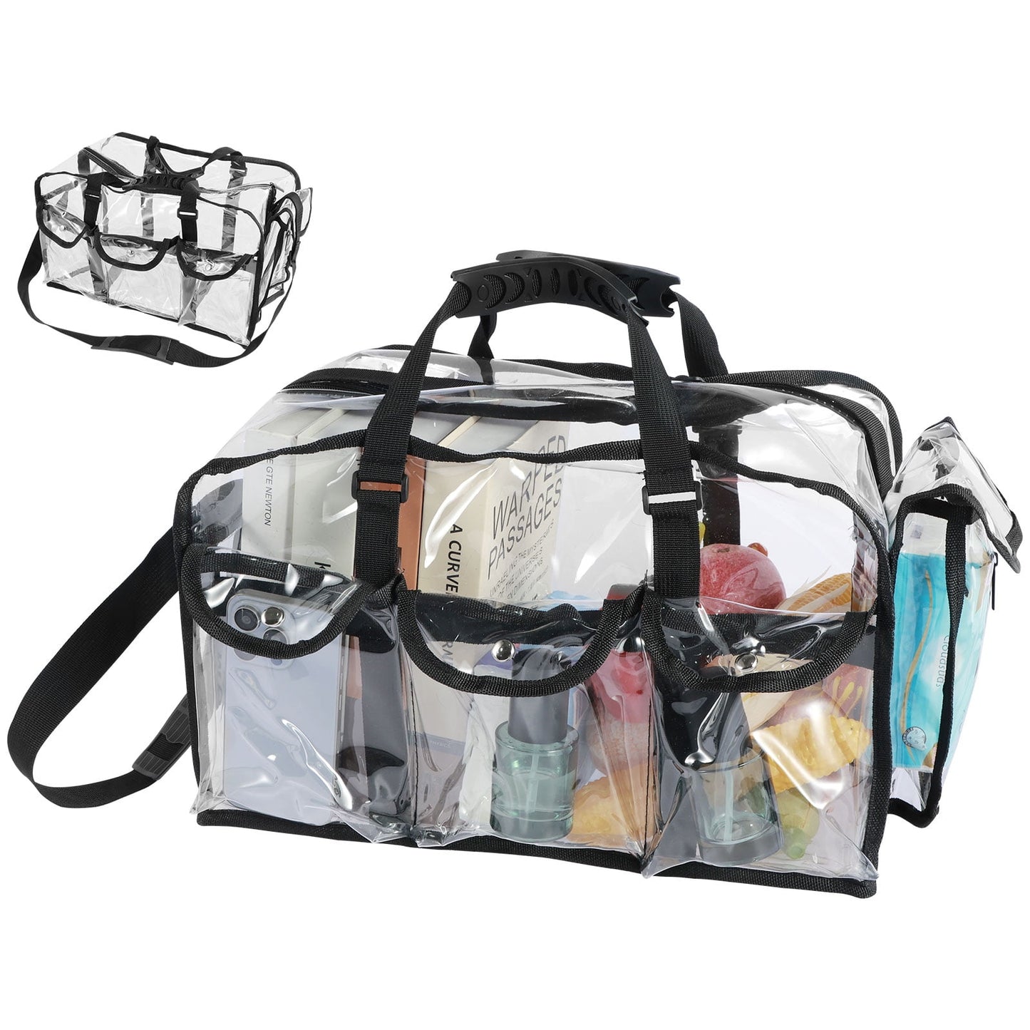 Txkrhwa Clear PVC Makeup Bag with 4 External Pockets, Wide Open Clear Makeup Organizer Bag, Zippered Clear Cosmetics Bag, Large Clear Makeup Tote Bag Toiletry Bags with Shoulder Strap