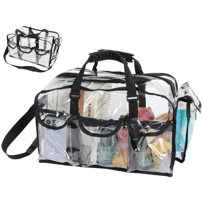 Txkrhwa Clear PVC Makeup Bag with 4 External Pockets, Wide Open Clear Makeup Organizer Bag, Zippered Clear Cosmetics Bag, Large Clear Makeup Tote Bag Toiletry Bags with Shoulder Strap
