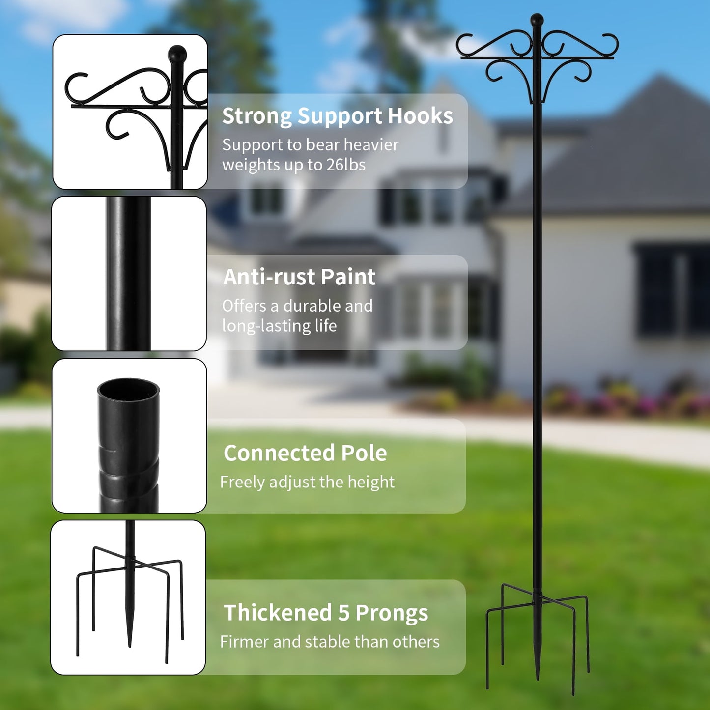 92 Inch Double Shepherds Hooks for Outdoor, Heavy Duty Bird Feeder Pole with 5 Base Prongs, Adjustable Garden Hanging Holder for Bird Feeders, Lanterns, Plant Hanger Stands, Weddings Decor