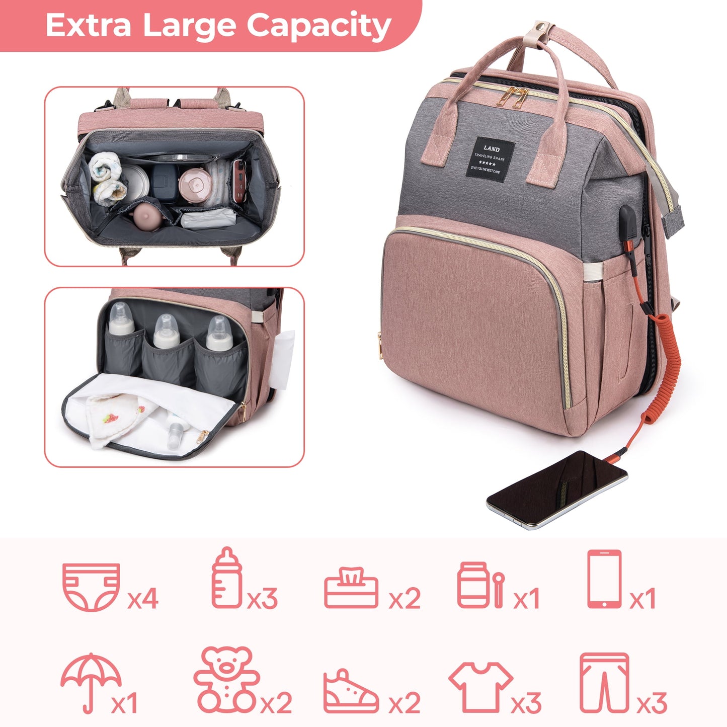 ZIMFANQI Baby Diaper Bag Backpack, Large Capacity Bags with Foldable Changing Station, Diaper Bag Organizing Pouches, Multifunctional Waterproof Travel Back Pack for Moms and Dads, USB Charging Port