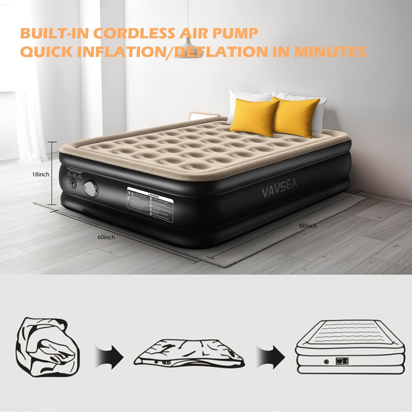VAVSEA Queen Cordless Air Mattress, 18" Blow up Mattresses with Built in Pump for Camping, Travel, Guests, 660lb Max