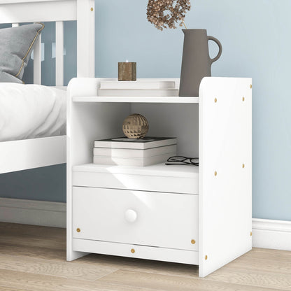 Full Size Platform Bed with a Nightstand, Modern Solid Wood Bed Frame with Headboard and Footboard, 2-Piece Bedroom Set for Child Teens Adults, No Spring Box Needed, White