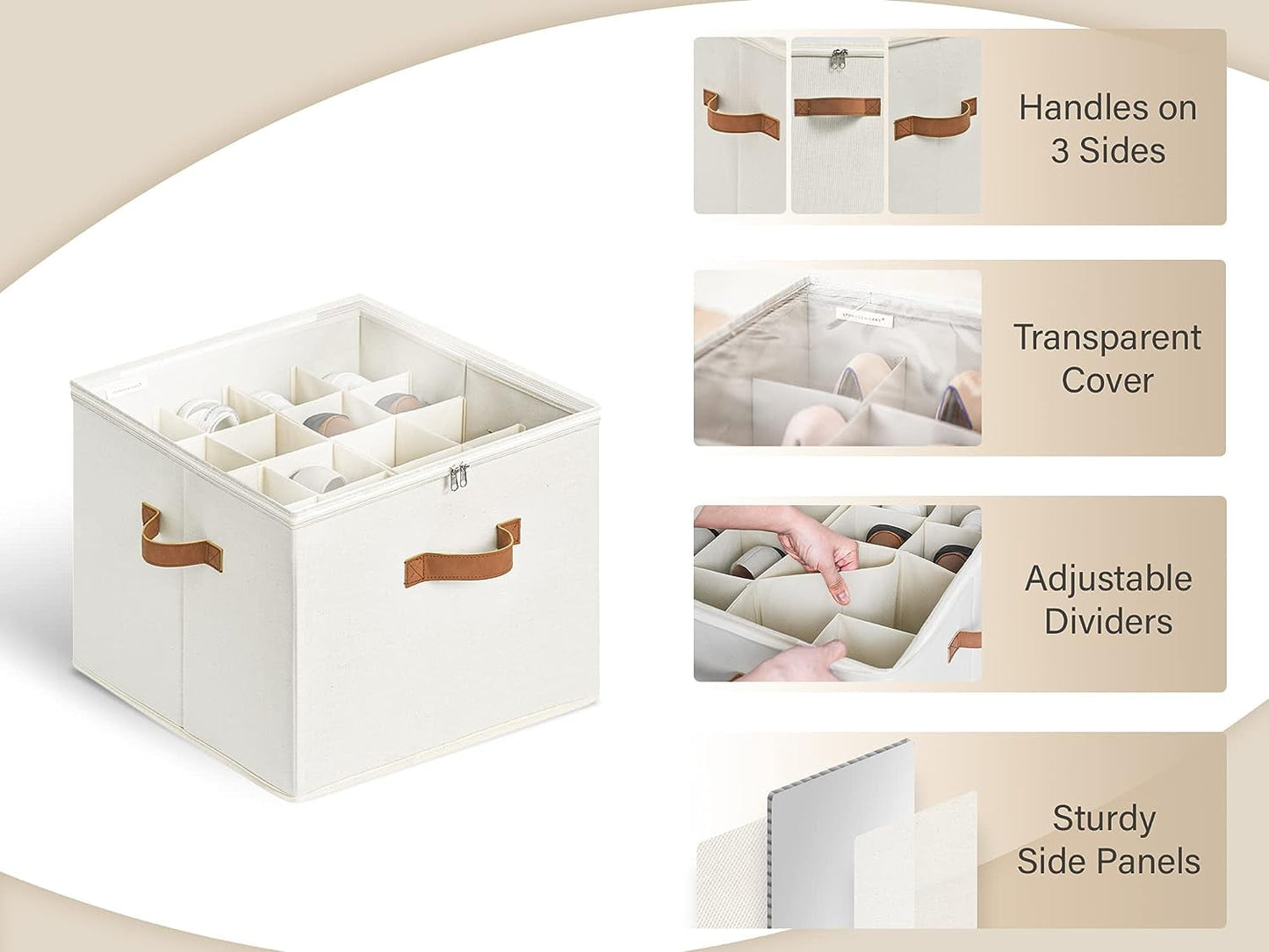ACMETOP Shoe Organizer for Closet, Fabric Shoe Storage Bins with Clear Cover, Adjustable Dividers for Shoe Storage, Shoes Cube Organizer Fits up to 14-16 Pairs(Beige, 1-Pack)