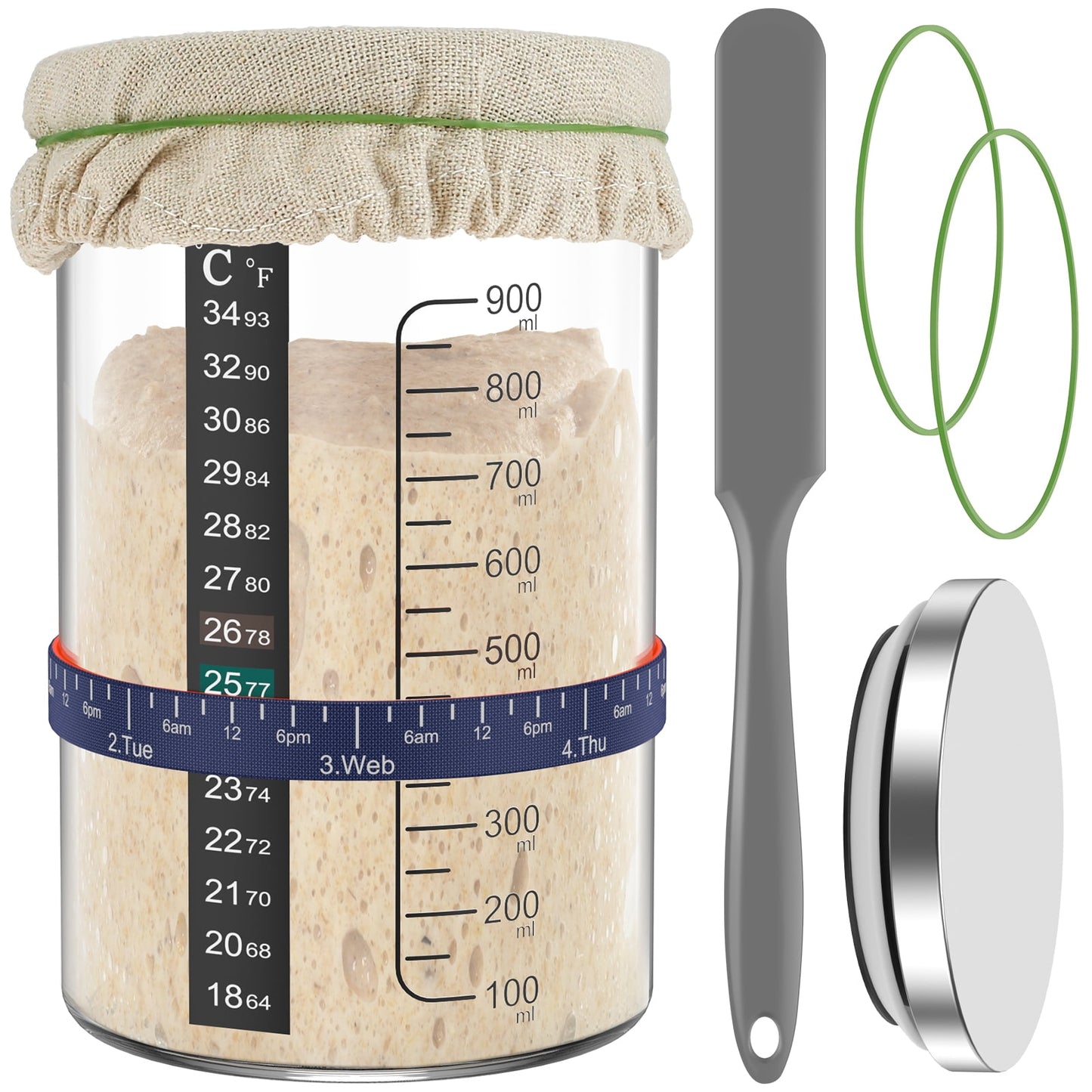 Wekvgz 5pcs Sourdough Starter Jar Kit with Scale 900ml Large Capacity Sourdough Starter Container with Stainless Steel Lid Spatula Feeding Band Reusable Glass Sourdough Fermentation Jar for Baking