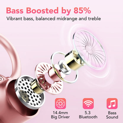 Wireless Earbuds 64hrs Bluetooth Headphone Sport, Bluetooth Earbuds Stereo Deep Bass Over Ear Bud with Earhooks, LED Display, ENC Noise Cancelling Mic, Earphones for Workout/Running, Pink