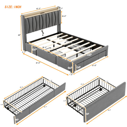 Triple Tree Queen Size Bed Frame with 3 Steel Drawers, Velvet Upholstered Platform Bed with Storage Headboard and Charging Station, No Box Spring Needed, Dark Gray