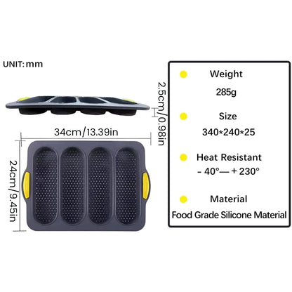 Qenwkxz 4 Slot Silicone Pan Non-Stick French Bread Baking Pan Professional Hot Dog Bun Tray Mold for Homemade Bread Baking