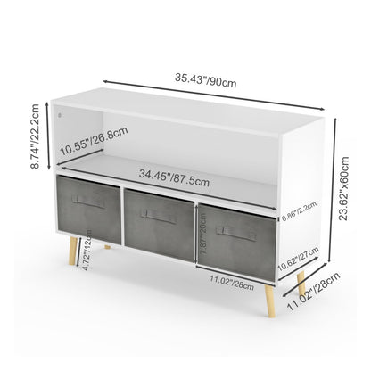 Toy Storage Organizer with Book Shelf for Boys Girls, Children Toy Storage with 3 Collapsible Fabric Drawers, 35''L Wooden Storage Chest for Bedroom Playroom Living Room, White/Gray