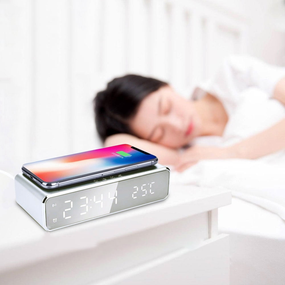Digital Alarm Clocks For Bedrooms,LED Electric Alarm Digital Clock with Wireless Phone Charger Thermometer Desktop Digital HD Mirror Clock,Silver