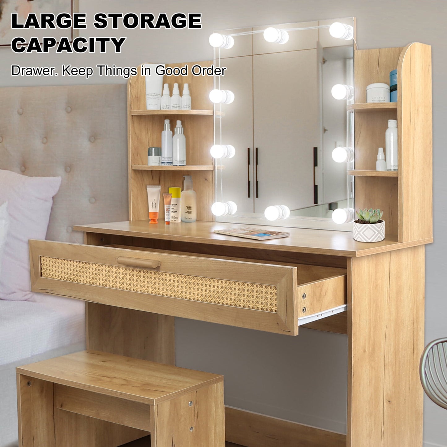 Vanity Table Set with Lighted Mirror, Vanity Desk Set Stool & Dressing Table with Drawer, Modern Wood Cosmetic Table Chest of Drawers Natural