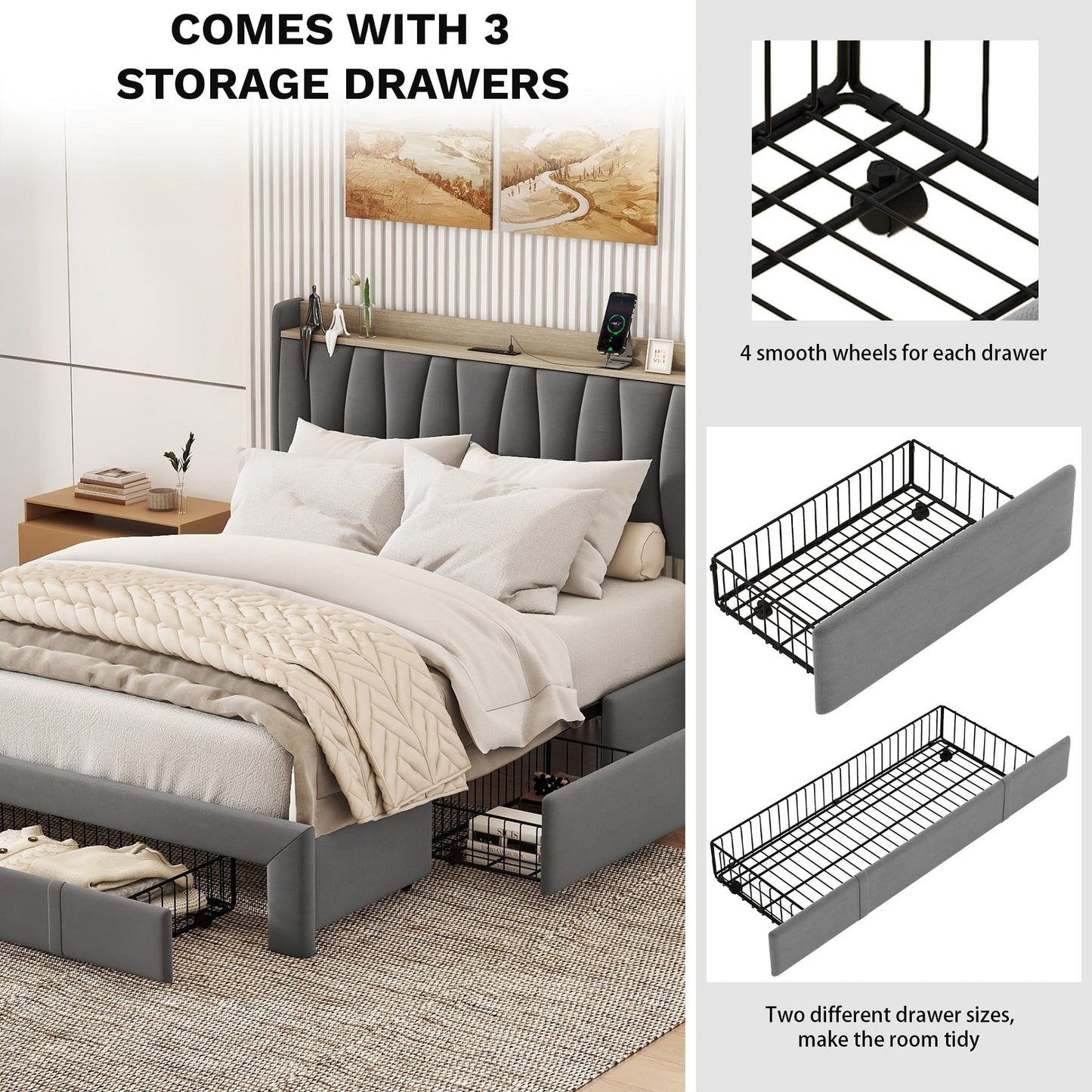 Triple Tree Queen Size Bed Frame with 3 Steel Drawers, Velvet Upholstered Platform Bed with Storage Headboard and Charging Station, No Box Spring Needed, Dark Gray