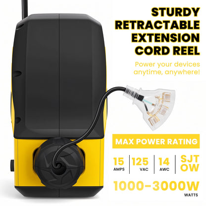 AUOSHI Retractable Extension Cord Reel 50ft Power Cord Storage Reel 14AWG/3C SJTOW Power Cord 4FT Lead-in Cord, Wall/Ceiling Mounted Extension Cord Reel with 3 Triple Tap Grounded Outlets