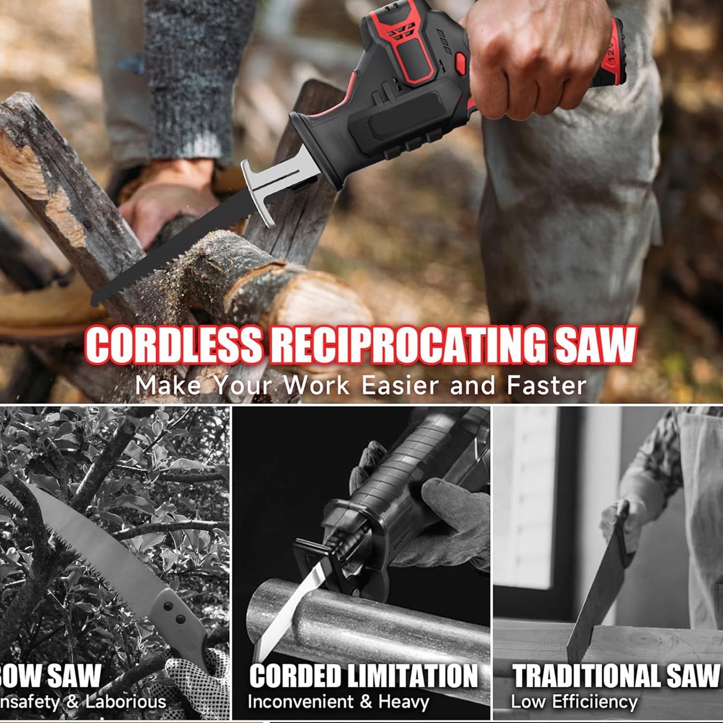 NEXPOW Reciprocating Saw, Cordless Variable Speed, Blade Kit, for Wood/Metal/PVC Cutting