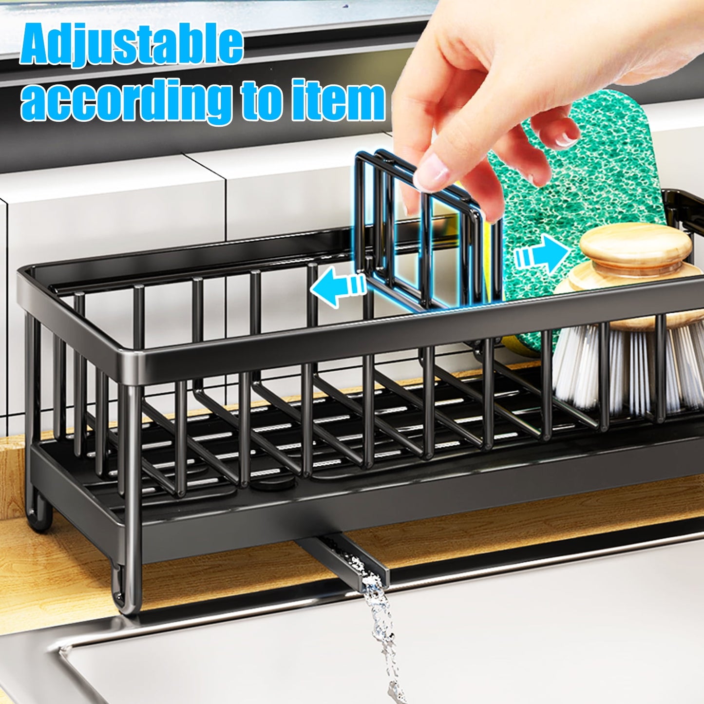Dznils Kitchen Sink Caddy Organizer Sponge Holder Dish Brush Soap Dispenser Holder for Countertop
