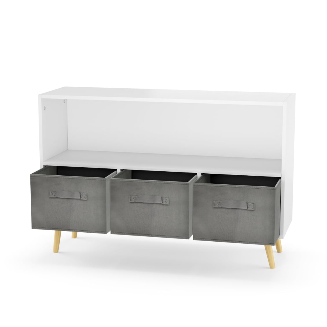 Toy Storage Organizer with Book Shelf for Boys Girls, Children Toy Storage with 3 Collapsible Fabric Drawers, 35''L Wooden Storage Chest for Bedroom Playroom Living Room, White/Gray