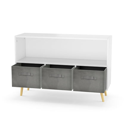 Toy Storage Organizer with Book Shelf for Boys Girls, Children Toy Storage with 3 Collapsible Fabric Drawers, 35''L Wooden Storage Chest for Bedroom Playroom Living Room, White/Gray