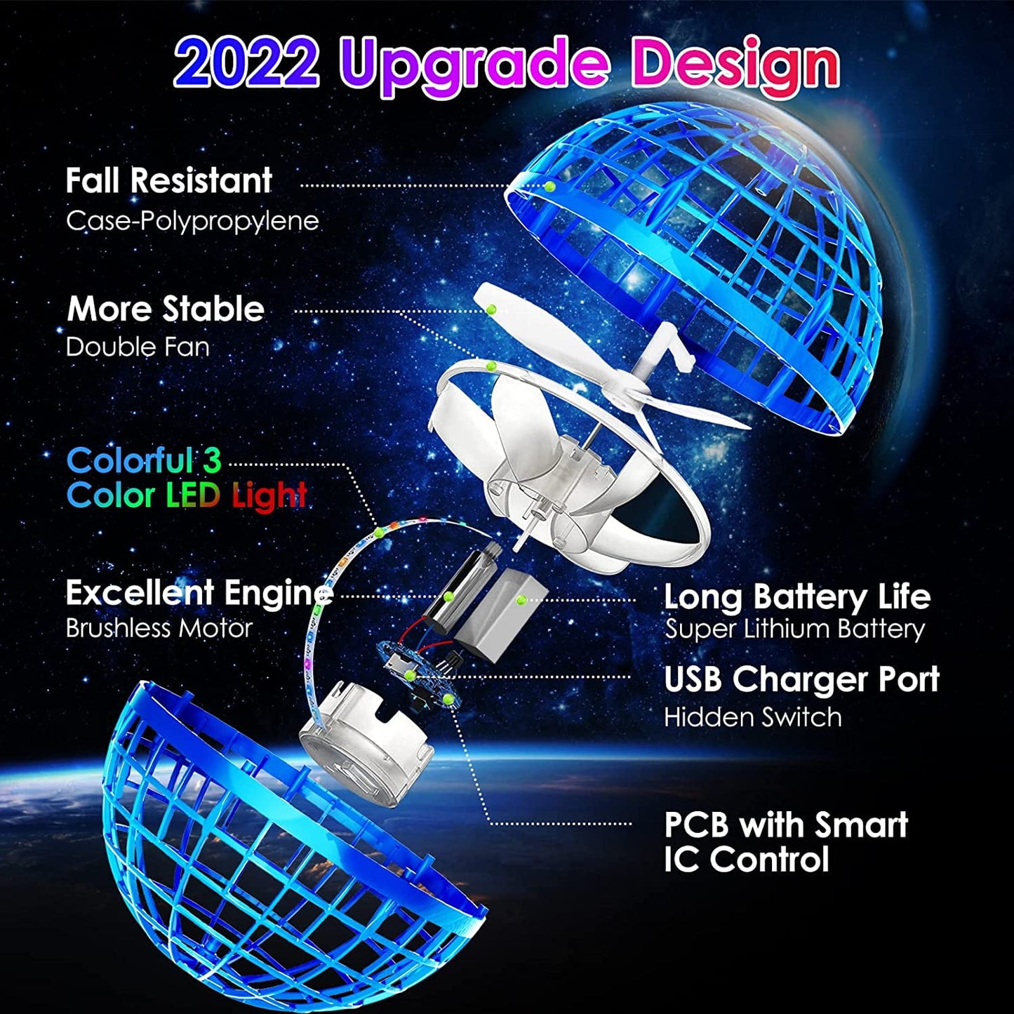 Flying Ball Toys Hover Orb, 2022 Upgraded Rechargeable Controller Mini Drone, 360Rotating Soaring Hand Operated Safe UFO Toys Cool Things with LED Lights for Kids Adults Outdoor Indoor(Blue)