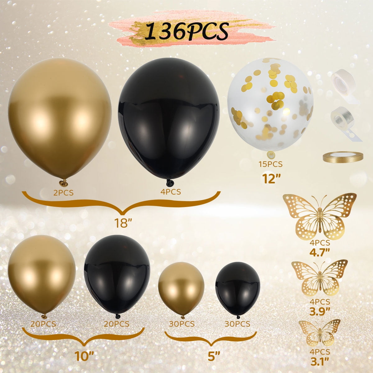 Wekvgz 136pcs Black and Gold Balloons Garland Arch Kit, 5 10 12 18 Inch Metallic Gold Black Latex Confetti Balloons for Birthday Bachelorette Graduation Party Decoration