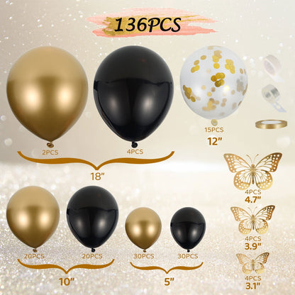 Wekvgz 136pcs Black and Gold Balloons Garland Arch Kit, 5 10 12 18 Inch Metallic Gold Black Latex Confetti Balloons for Birthday Bachelorette Graduation Party Decoration