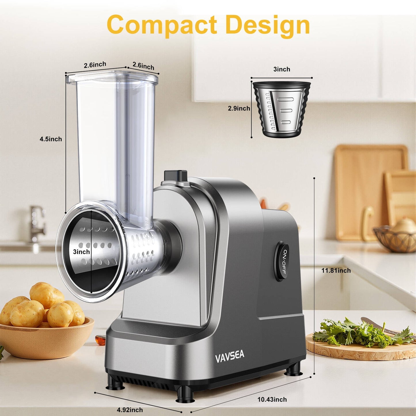 VAVSEA 5-in-1 Electric Cheese Grater, 400W Electric Cheese Shredder with 5 Stainless Blades, Salad Maker with One-Touch Control for Cheese, Vegetables and Fruits