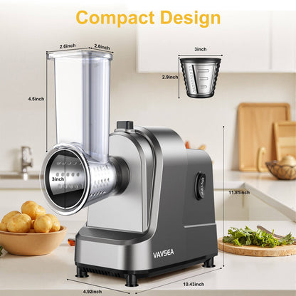 VAVSEA 5-in-1 Electric Cheese Grater, 400W Electric Cheese Shredder with 5 Stainless Blades, Salad Maker with One-Touch Control for Cheese, Vegetables and Fruits