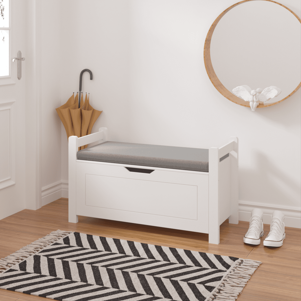 Kids Wooden Toy Chest for Girls Boys, 2 In 1 Large Toy Storage Truck Bench with Flip-Top Lid, 2 Safety Hinges & Padded Seat Cushion, Toddler Big Toy Box for Playroom & Bedroom, White