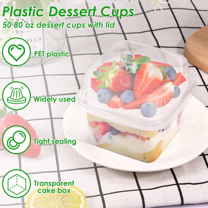 Austok 50Pcs Plastic Dessert Cups with Lids 8oz Reusable Cupcake Container Clear Square Single Dessert Box Sealed Cake Storage Box for Dessert Muffins Cupcake Pudding Mousse Party