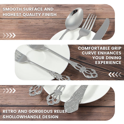 20 Pcs Retro Royal Silverware Set for 4,Gorgeous Silver Flatware Set with Steak Knives,Premium Stainless Steel Vintage Cutlery Set with Forks Spoons and Knives,Dishwasher Safe