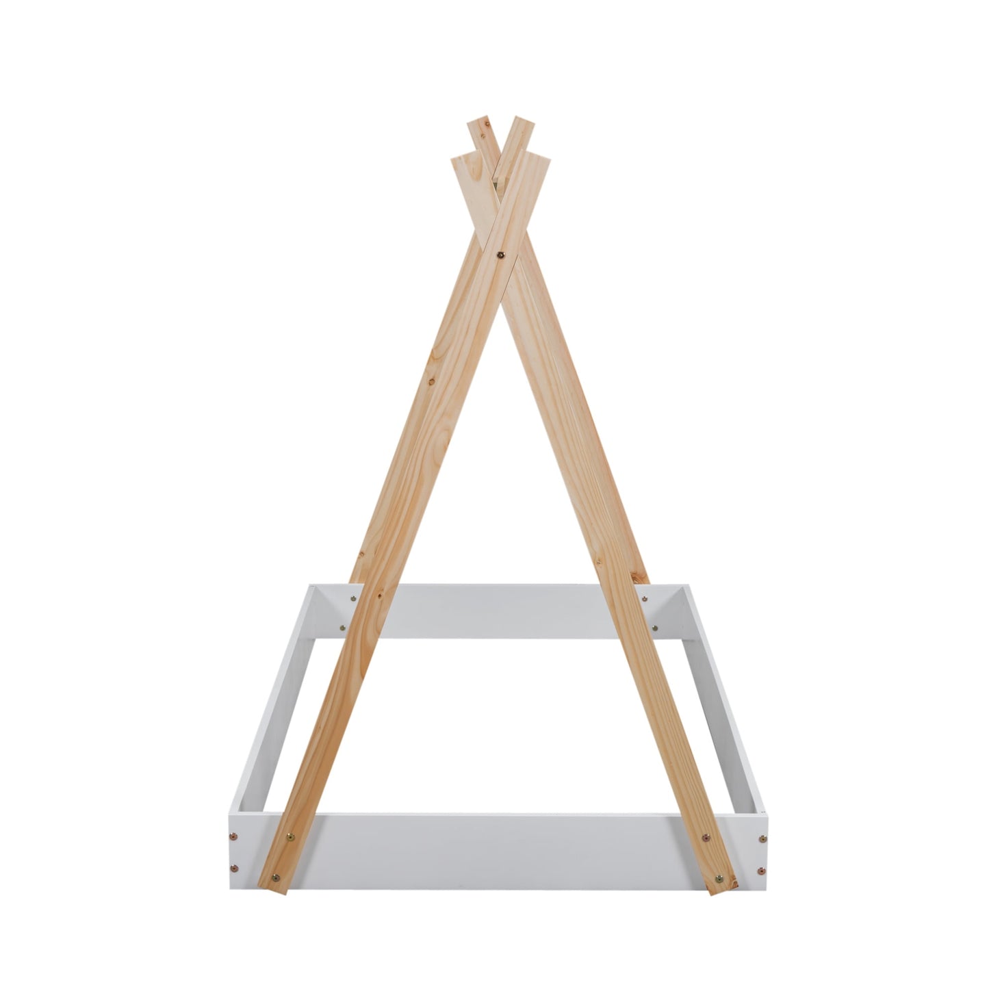 Twin Size Tent Floor Bed Frame with Triangle Structure, Teepee Platform Bed for Kids, Montessori Floor Bed for Toddlers Girls Boys, No Box Spring Needed(Twin,White+Natural)