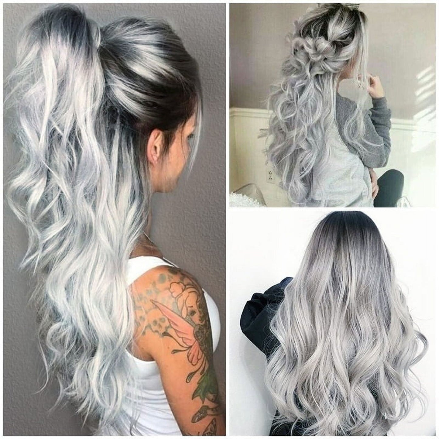 EUWBSSR 28" Ladies Full Wigs Hair Long Wavy Gray Silver Wig Synthetic Hair