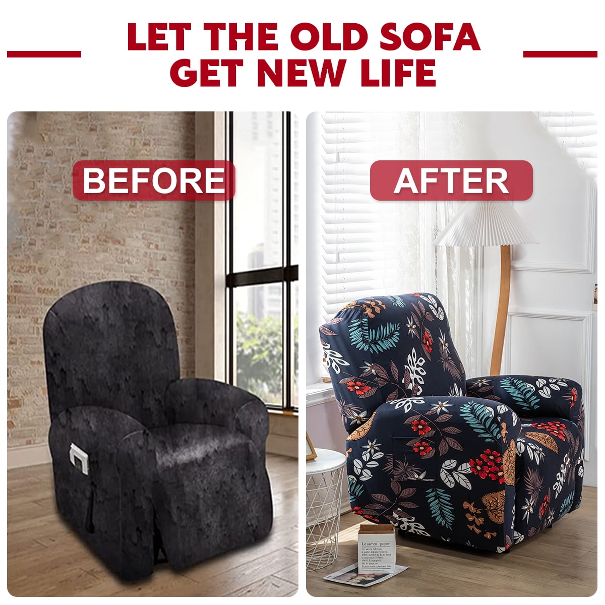 Xiyztok Set of 4 High Stretch Recliner Cover 1Seat Soft Sofa Slipcover Printed Reclining Chair Cover with Side Pocket Furniture Protector for Single Seat Sofa and Couch