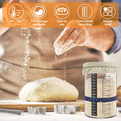 Wekvgz 5pcs Sourdough Starter Jar Kit with Scale 900ml Large Capacity Sourdough Starter Container with Stainless Steel Lid Spatula Feeding Band Reusable Glass Sourdough Fermentation Jar for Baking