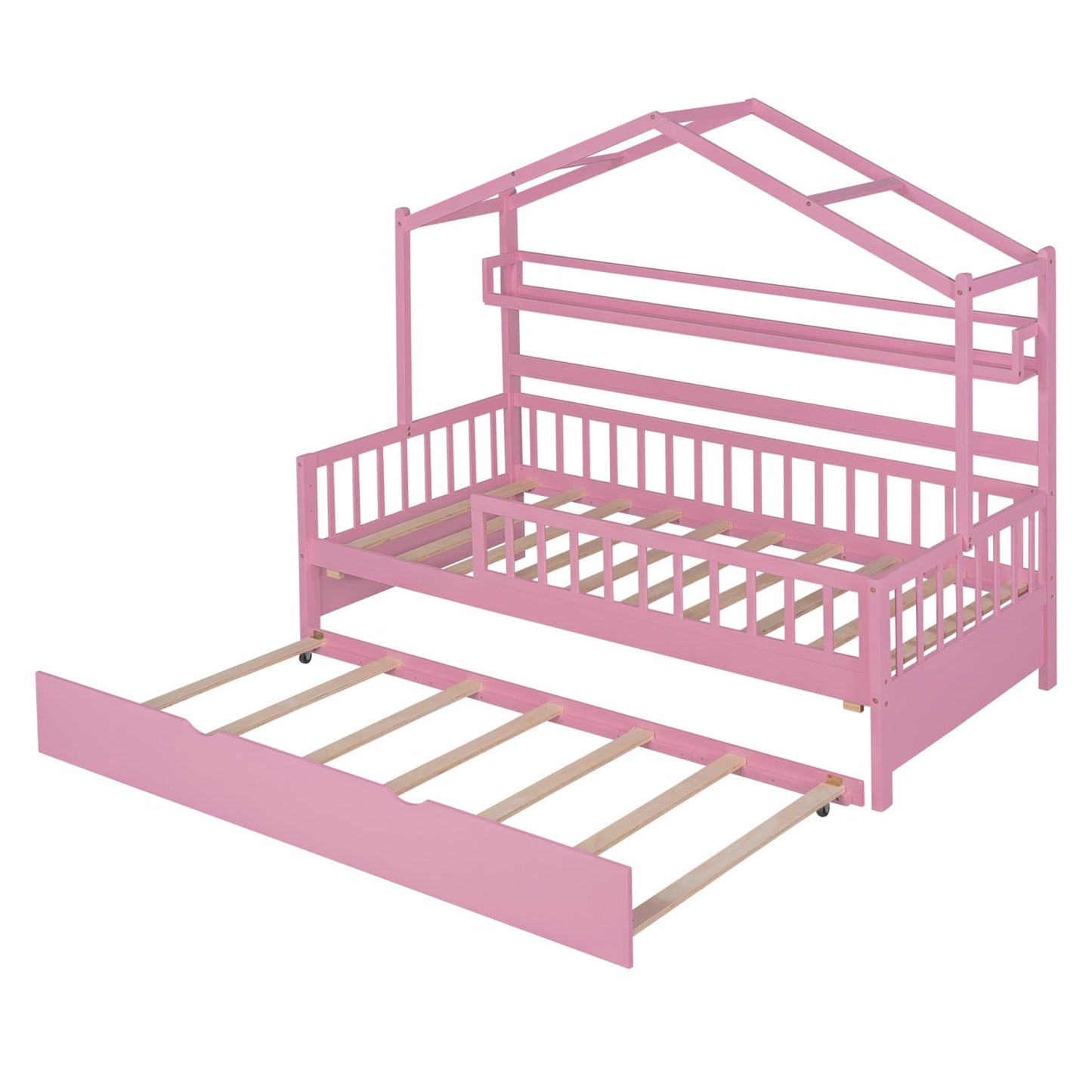 Modern Twin House Bed with Roof and Trundle, Wooden Kids Bed Frame with Storage Shelf, Cute Playhouse Bed with Fence Guardrails for Kids, Teens, Boys, Girls, Pink
