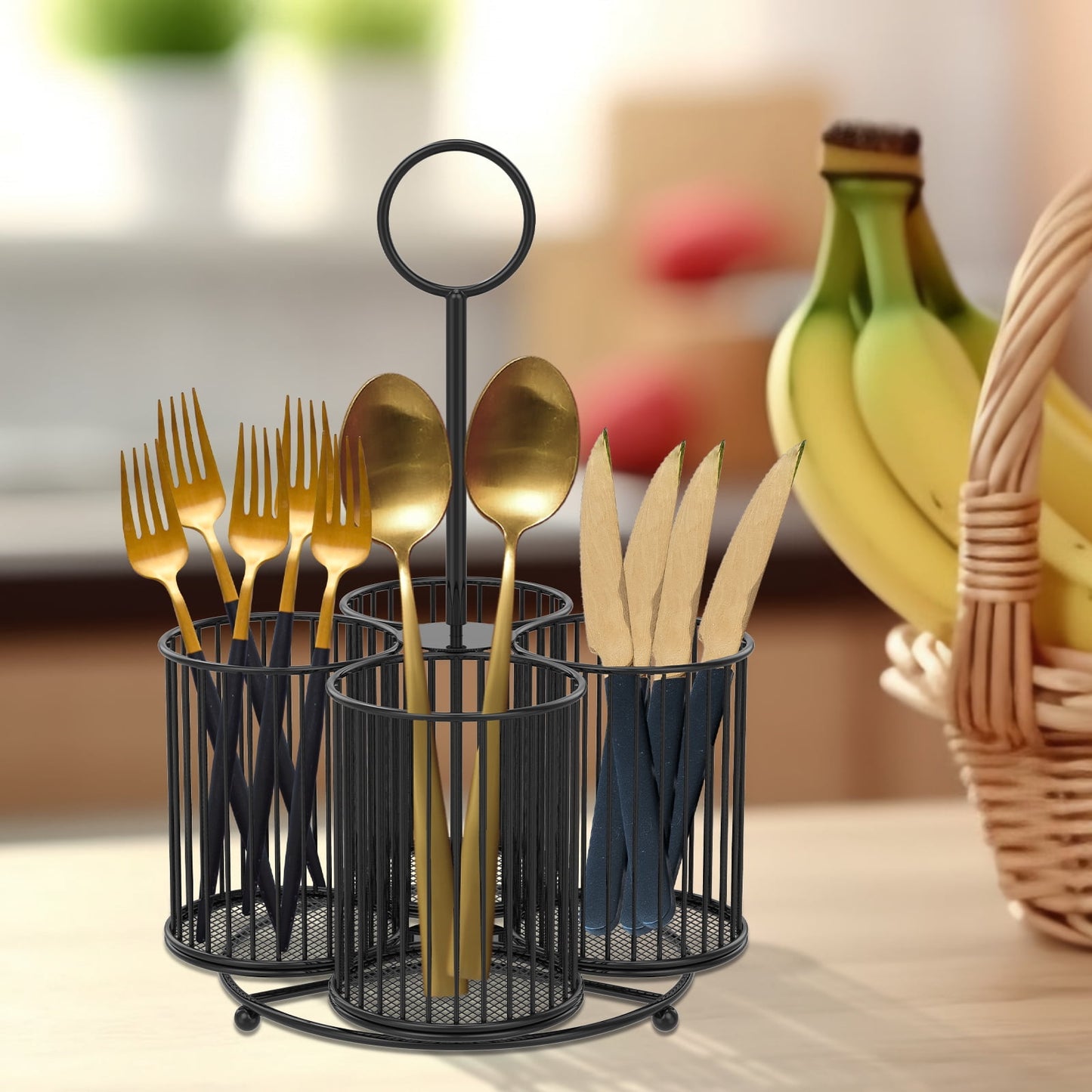 Txkrhwa 360° Rotating Utensil Caddy, 4 Compartment Metal Utensil Organizer, Kitchen Utensil Caddy, Multifunctional Cutlery Storage Holder, Flatware Organizer with Handle for Home Party
