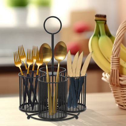 Txkrhwa 360° Rotating Utensil Caddy, 4 Compartment Metal Utensil Organizer, Kitchen Utensil Caddy, Multifunctional Cutlery Storage Holder, Flatware Organizer with Handle for Home Party