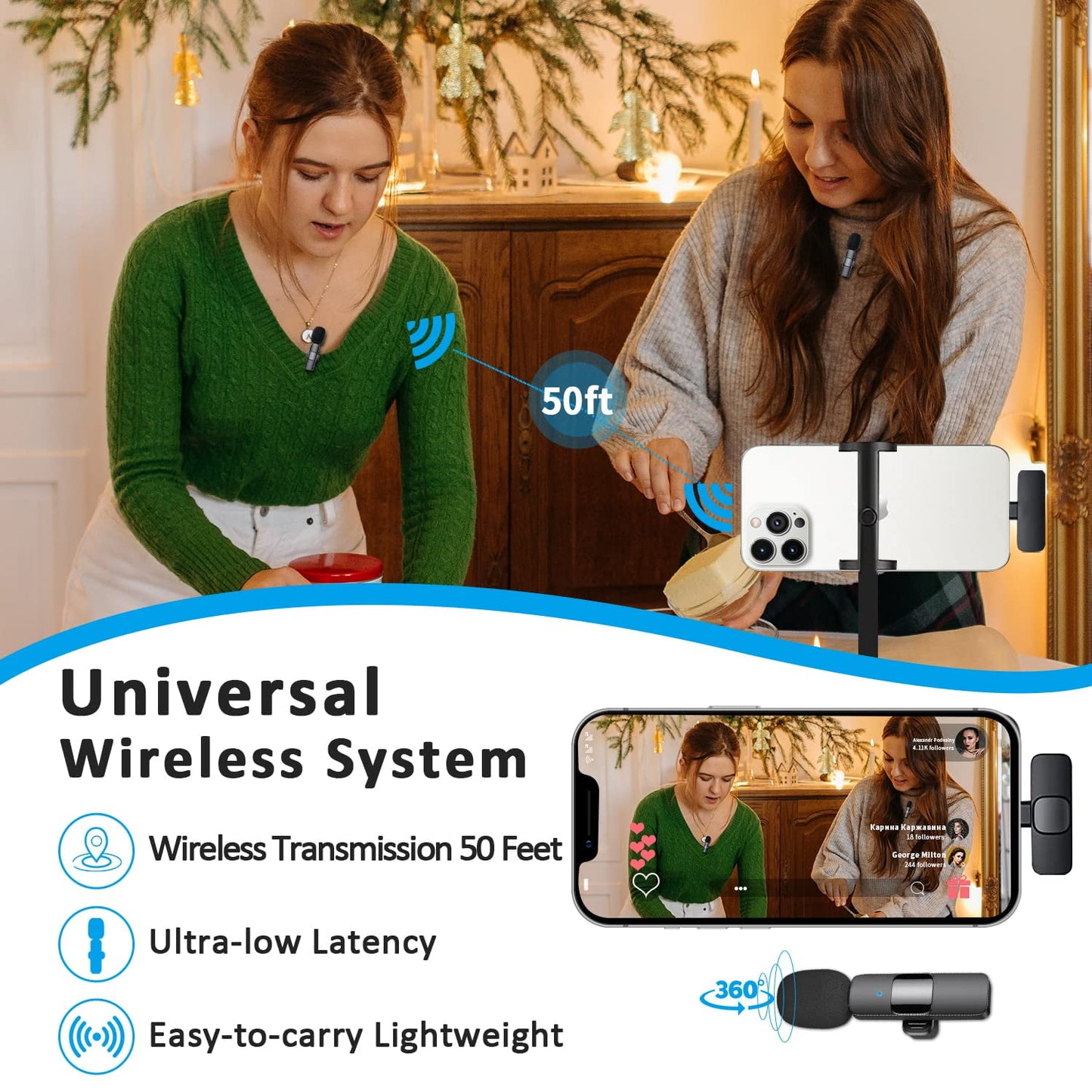 Wireless Lavalier Microphone for iPhone iPad, Broadcast Lapel Short Video Recording
