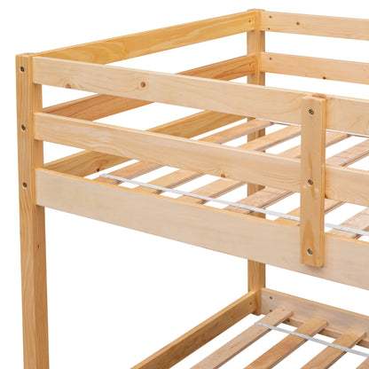 Twin over Twin Floor Bunk Bed for Kids, Wooden Low Bunk Bed Frame with Safety Guardrails and Ladder, Bedroom Furniture with Sturdy Slats Support for Boys Girls