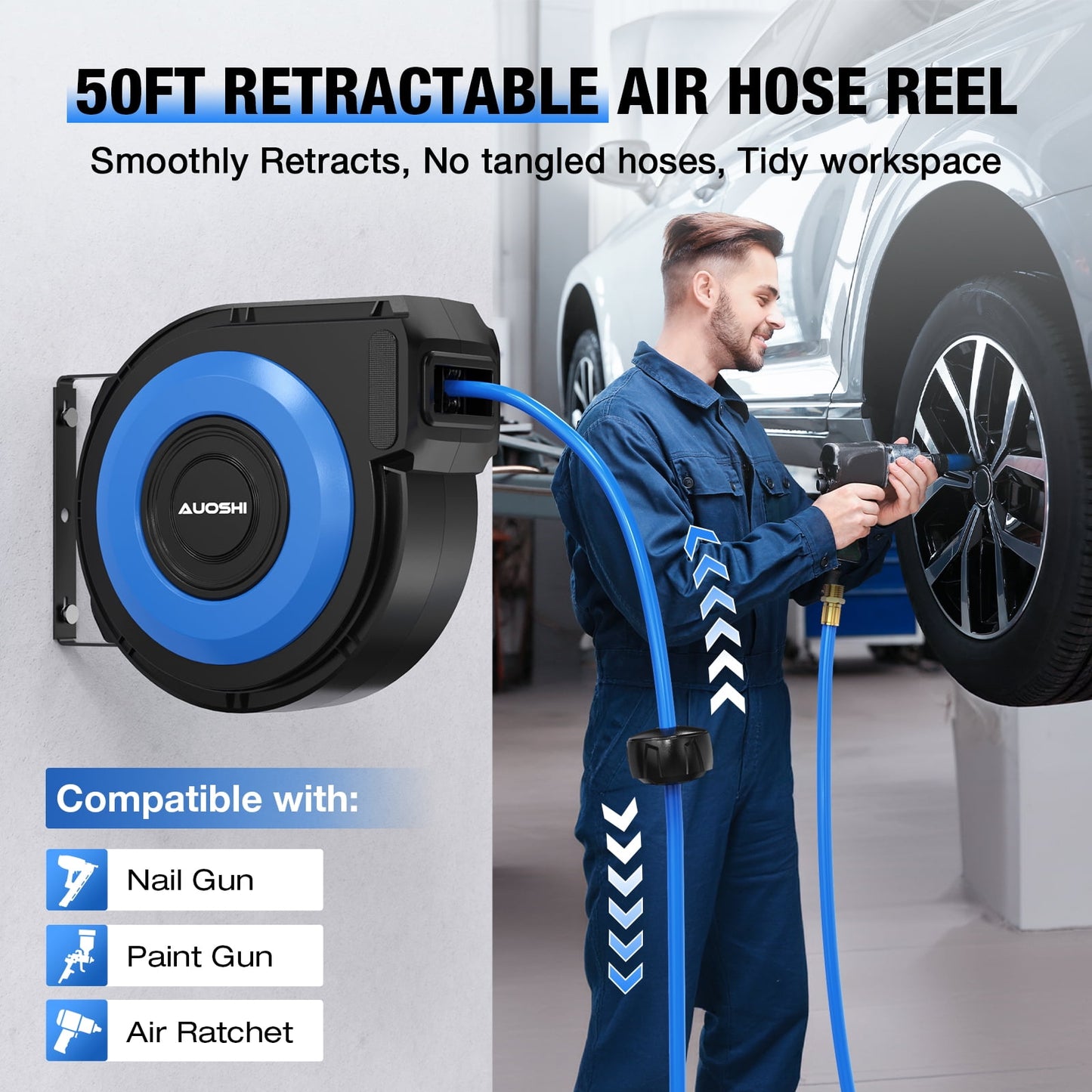 AUOSHI Retractable Air Hose Reel Air Compressor Hose Reel Automatic Rewind with 3/8 IN x 50 FT Hybrid Air Hose 5 ft Lead in Max 300PSI Wall Mount Enclosed Air Reel, 180° Swivel Mount