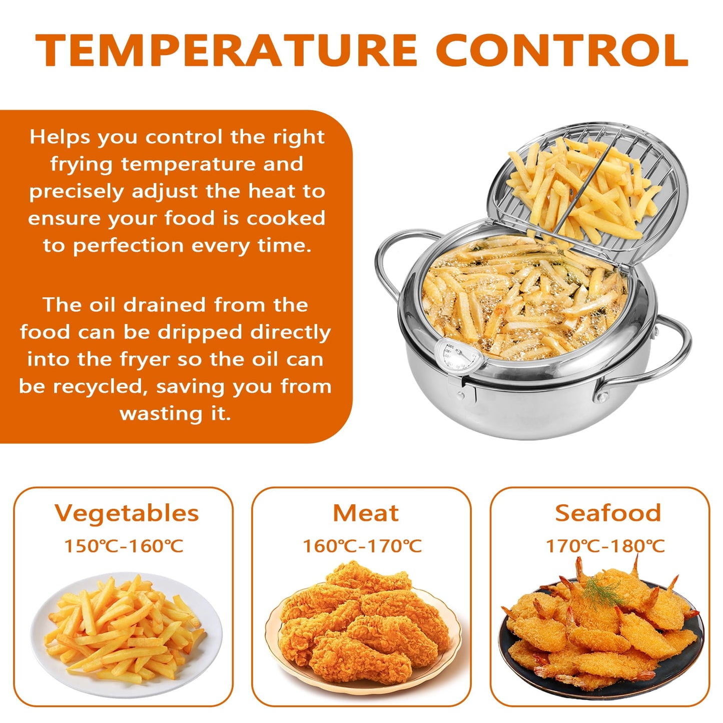 Jetcloudlive Deep Fryer Pot,Japanese Tempura Small Deep Fryer Stainless Steel Frying Pot With Thermometer,Lid And Oil Drip Drainer Rack for French Fries Shrimp Chicken Wings and Shrimp